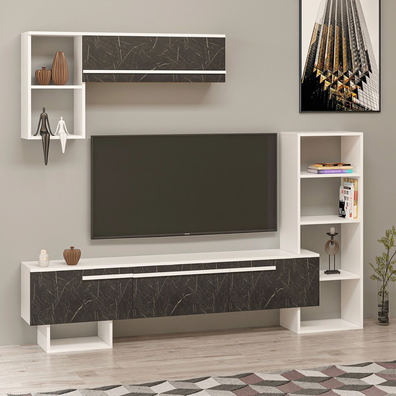 Comoda TV, Hanah Home, Mega, 209x123.6x27.7 cm, Alb/Negru - imagine 6